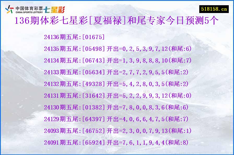 136期体彩七星彩[夏福禄]和尾专家今日预测5个