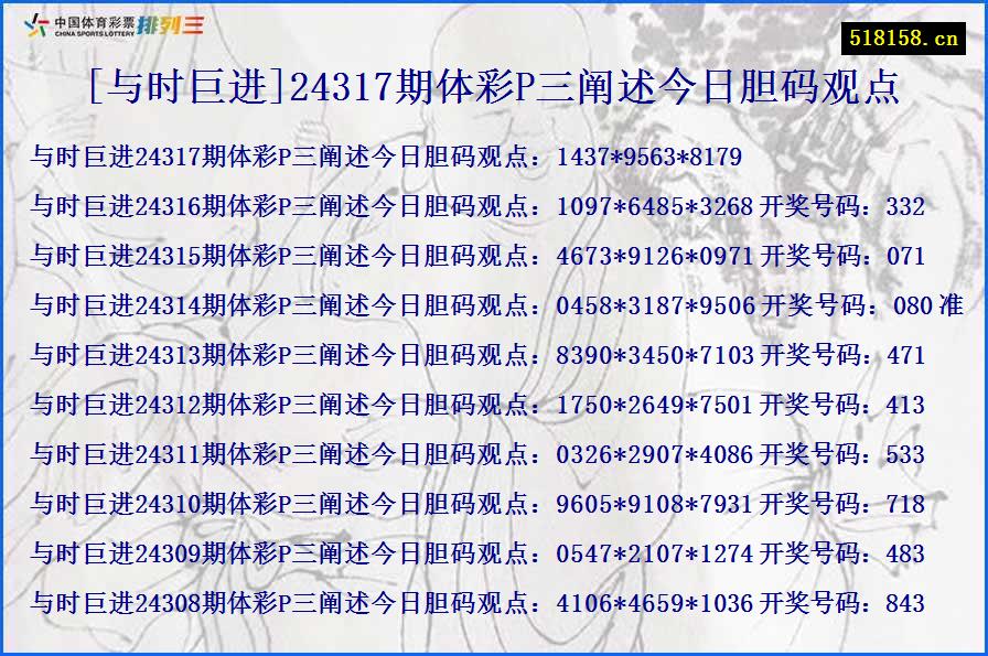 [与时巨进]24317期体彩P三阐述今日胆码观点