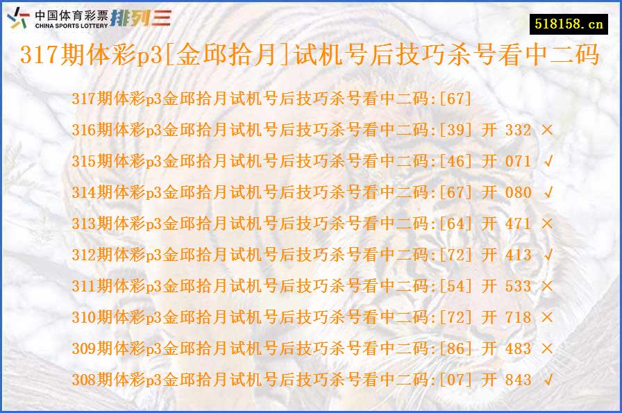 317期体彩p3[金邱拾月]试机号后技巧杀号看中二码