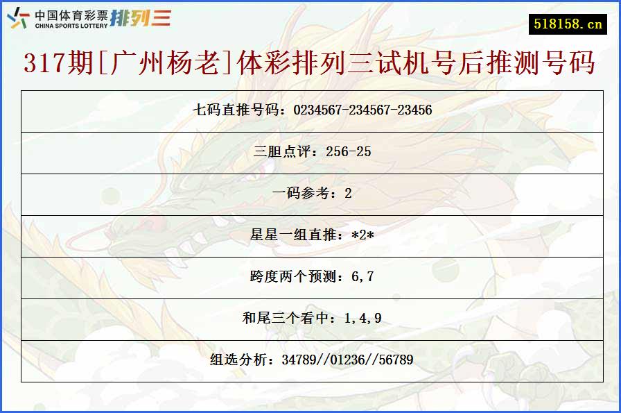 317期[广州杨老]体彩排列三试机号后推测号码