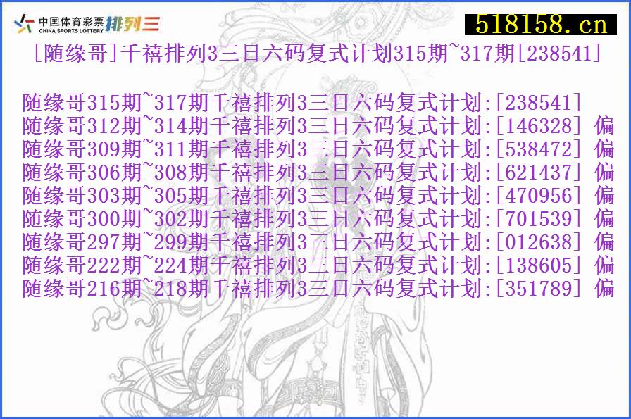 [随缘哥]千禧排列3三日六码复式计划315期~317期[238541]