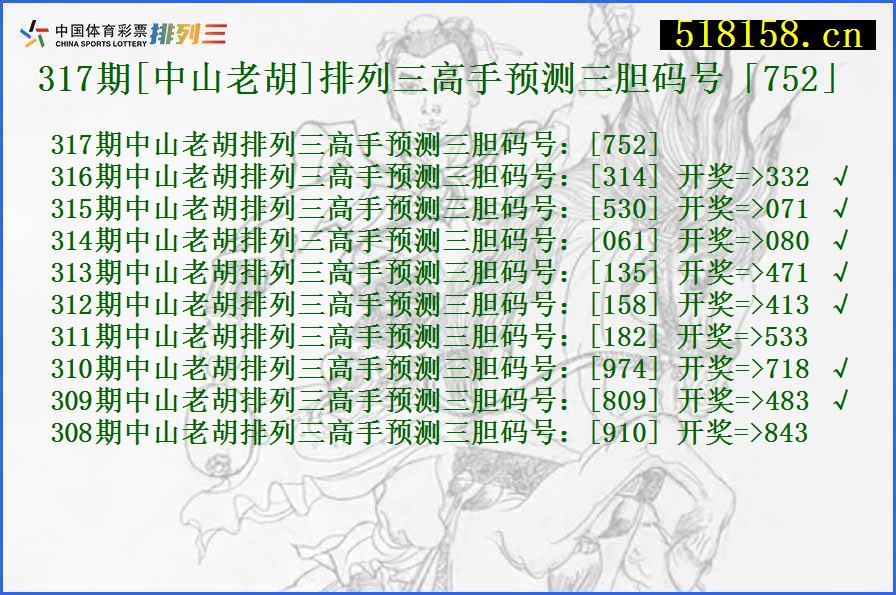 317期[中山老胡]排列三高手预测三胆码号「752」