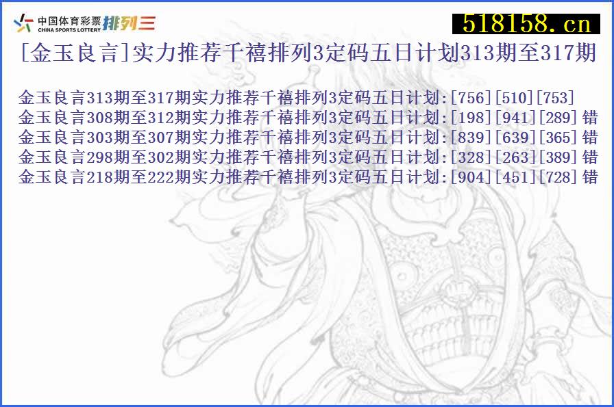 [金玉良言]实力推荐千禧排列3定码五日计划313期至317期