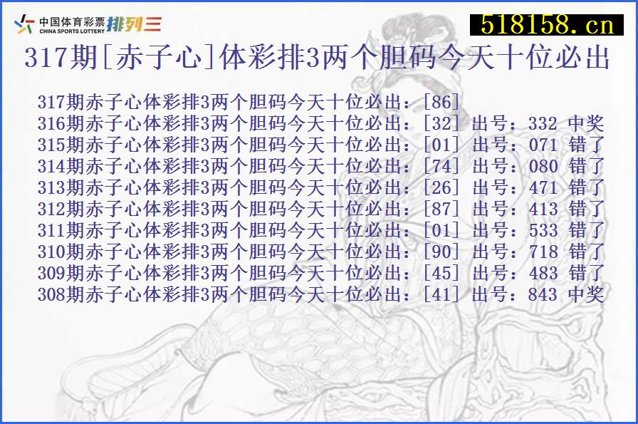 317期[赤子心]体彩排3两个胆码今天十位必出