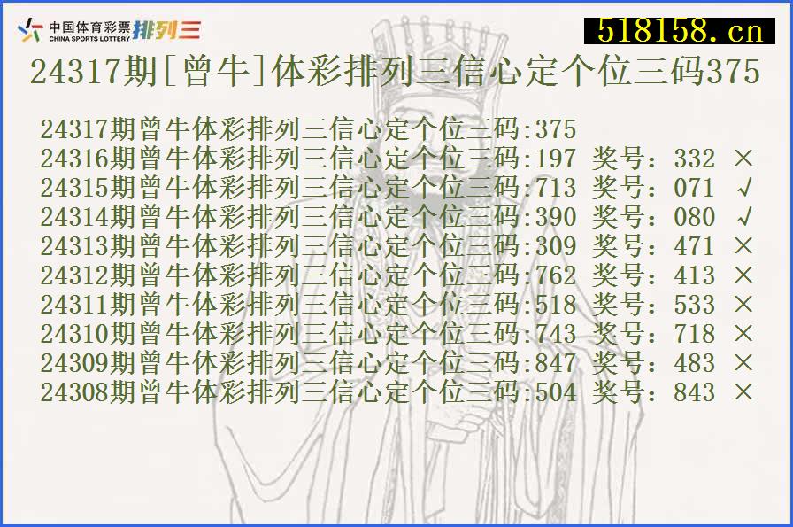 24317期[曾牛]体彩排列三信心定个位三码375