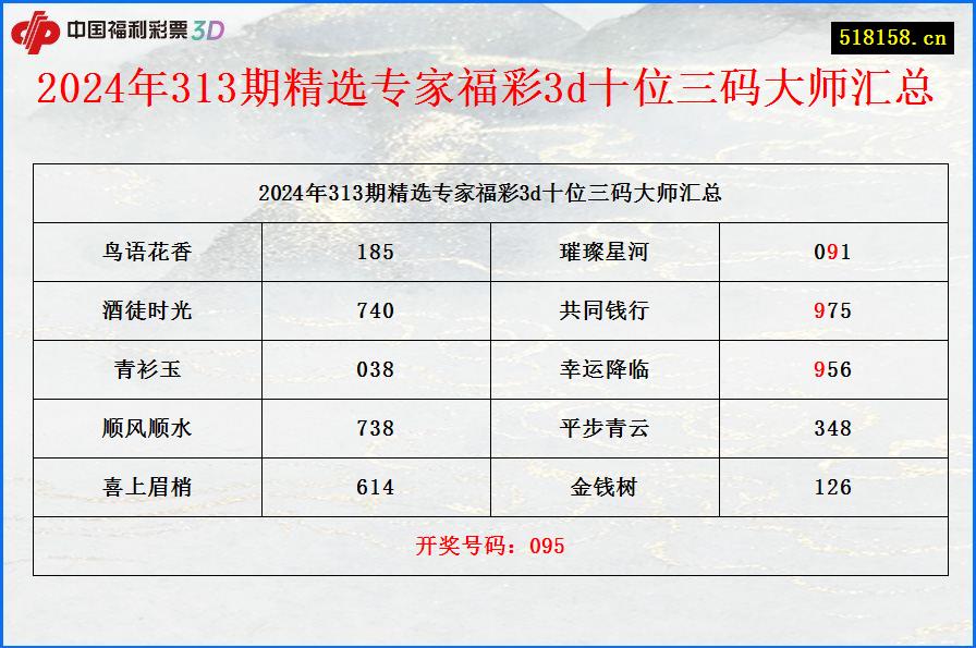 2024年313期精选专家福彩3d十位三码大师汇总