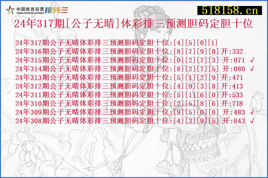 24年317期[公子无晴]体彩排三预测胆码定胆十位