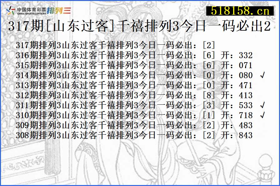 317期[山东过客]千禧排列3今日一码必出2