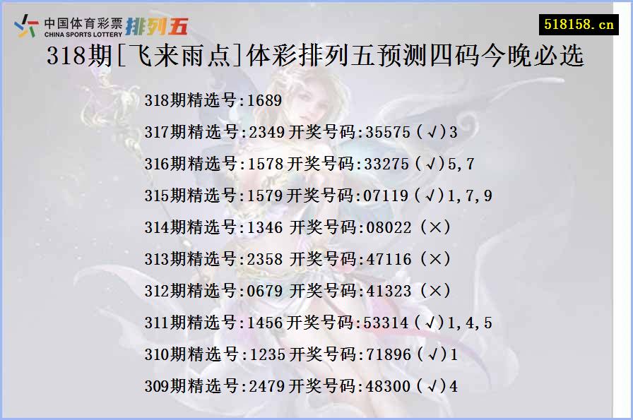 318期[飞来雨点]体彩排列五预测四码今晚必选