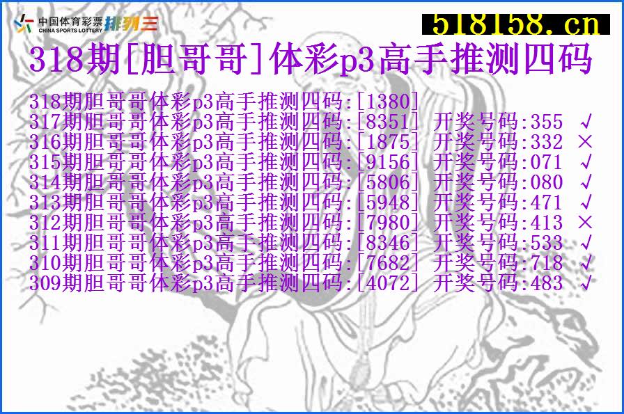 318期[胆哥哥]体彩p3高手推测四码