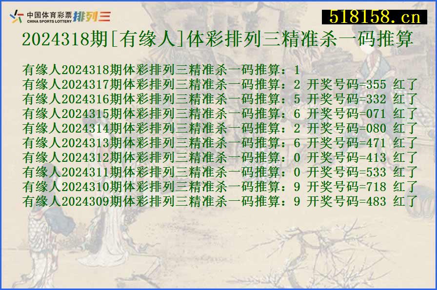 2024318期[有缘人]体彩排列三精准杀一码推算