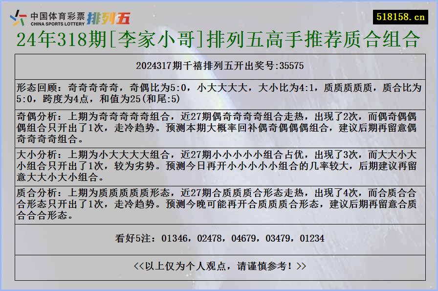 24年318期[李家小哥]排列五高手推荐质合组合