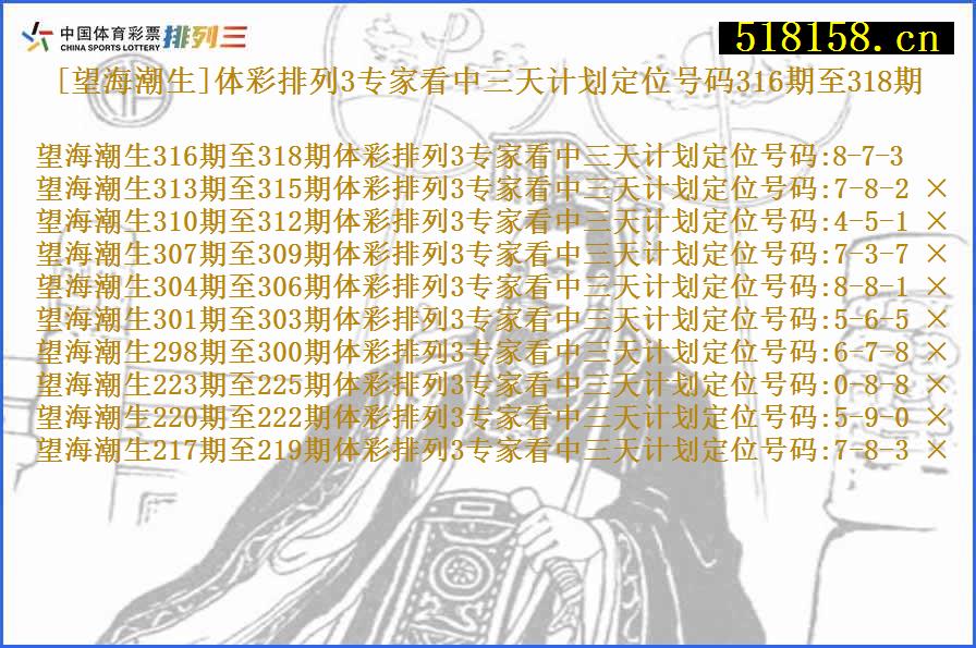 [望海潮生]体彩排列3专家看中三天计划定位号码316期至318期