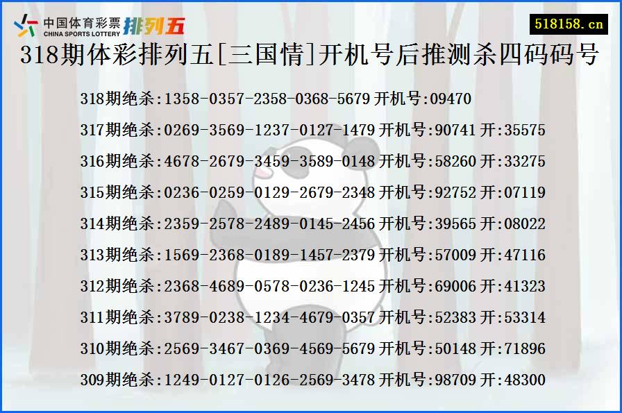 318期体彩排列五[三国情]开机号后推测杀四码码号