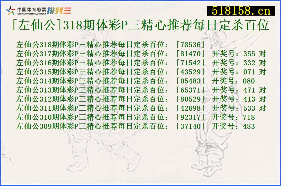 [左仙公]318期体彩P三精心推荐每日定杀百位