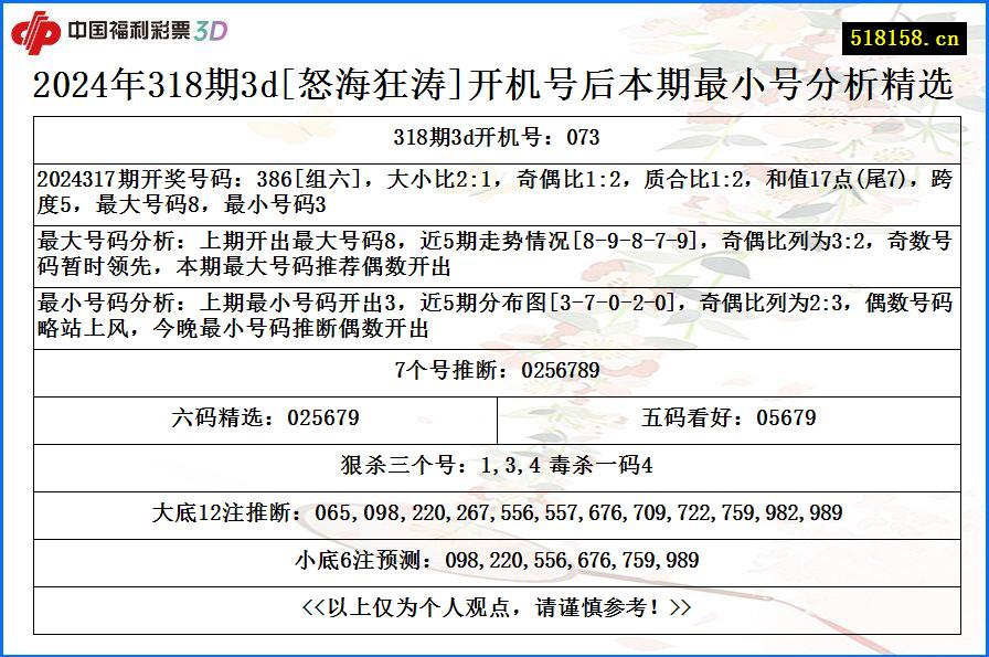 2024年318期3d[怒海狂涛]开机号后本期最小号分析精选