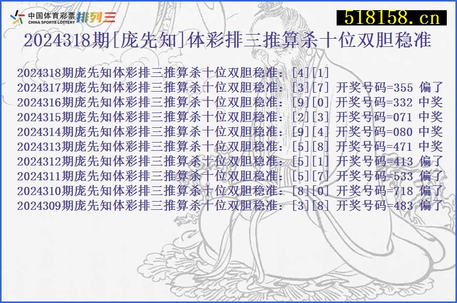 2024318期[庞先知]体彩排三推算杀十位双胆稳准