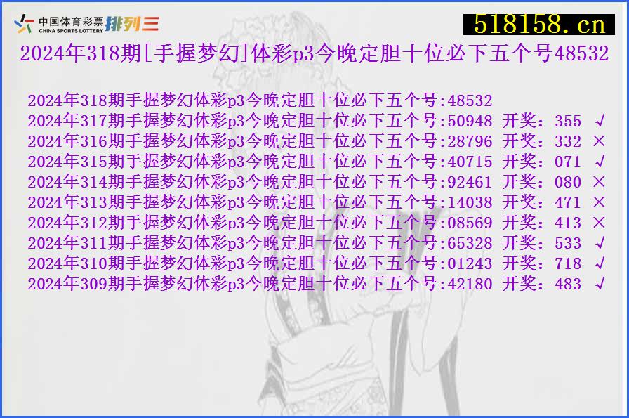 2024年318期[手握梦幻]体彩p3今晚定胆十位必下五个号48532