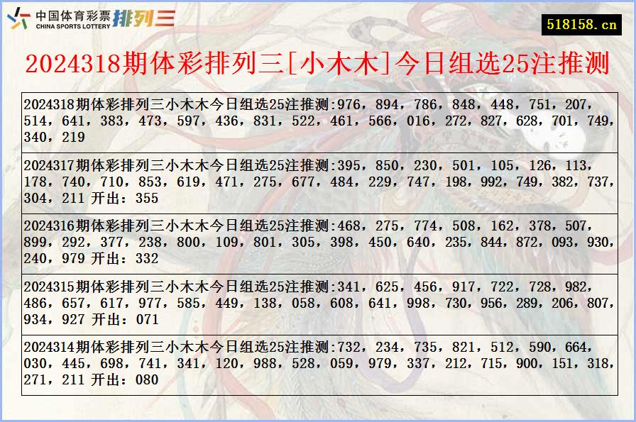 2024318期体彩排列三[小木木]今日组选25注推测