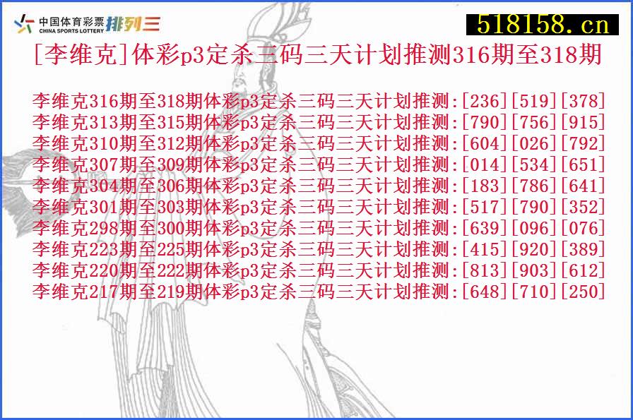 [李维克]体彩p3定杀三码三天计划推测316期至318期