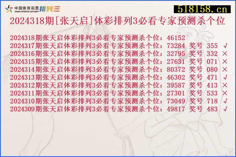 2024318期[张天启]体彩排列3必看专家预测杀个位