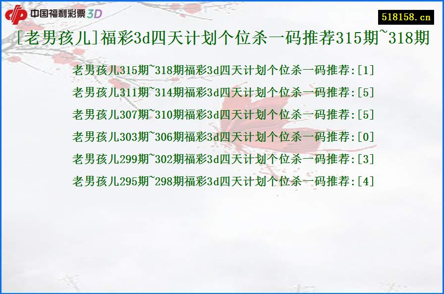 [老男孩儿]福彩3d四天计划个位杀一码推荐315期~318期