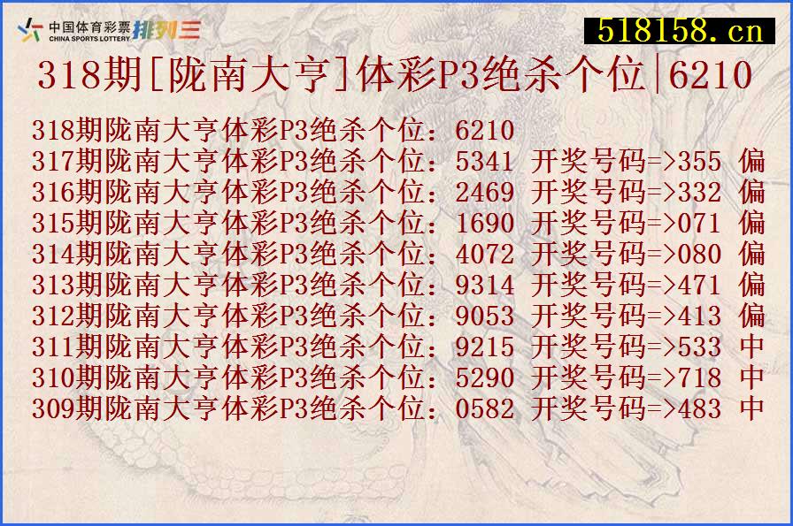 318期[陇南大亨]体彩P3绝杀个位|6210