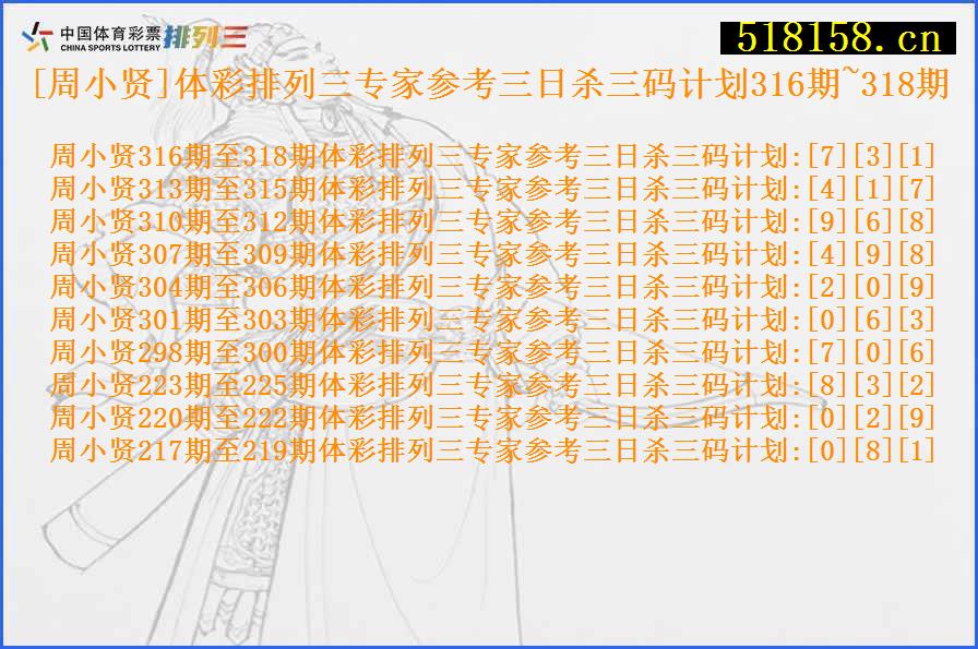 [周小贤]体彩排列三专家参考三日杀三码计划316期~318期