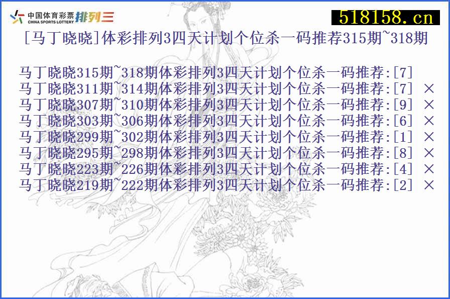 [马丁晓晓]体彩排列3四天计划个位杀一码推荐315期~318期