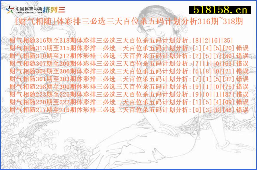 [财气相随]体彩排三必选三天百位杀五码计划分析316期~318期