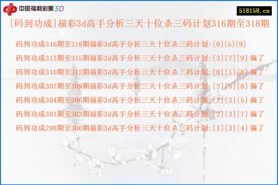 [码到功成]福彩3d高手分析三天十位杀三码计划316期至318期