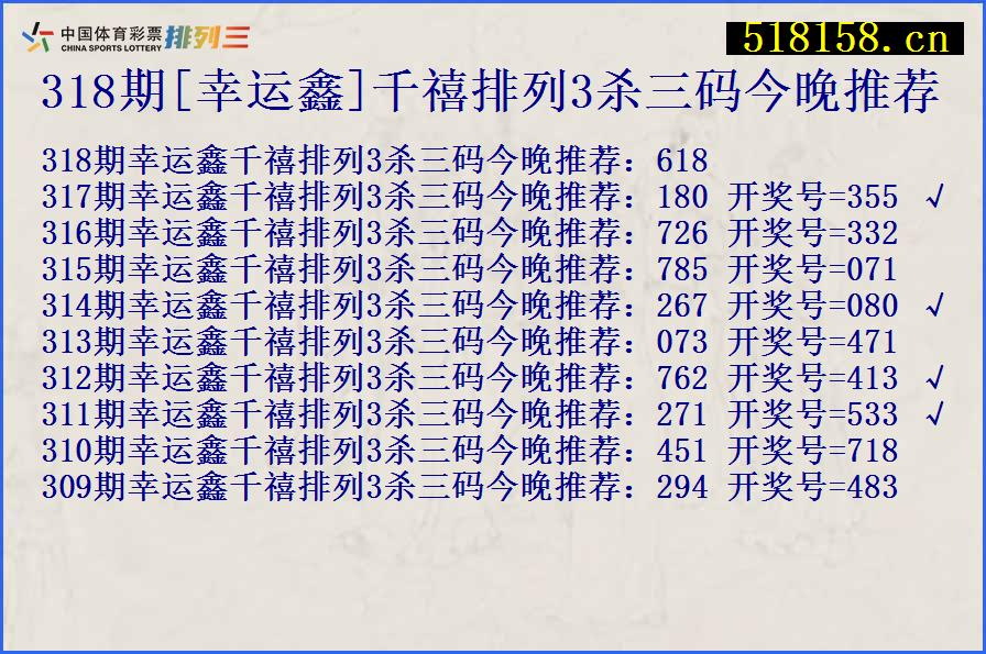 318期[幸运鑫]千禧排列3杀三码今晚推荐