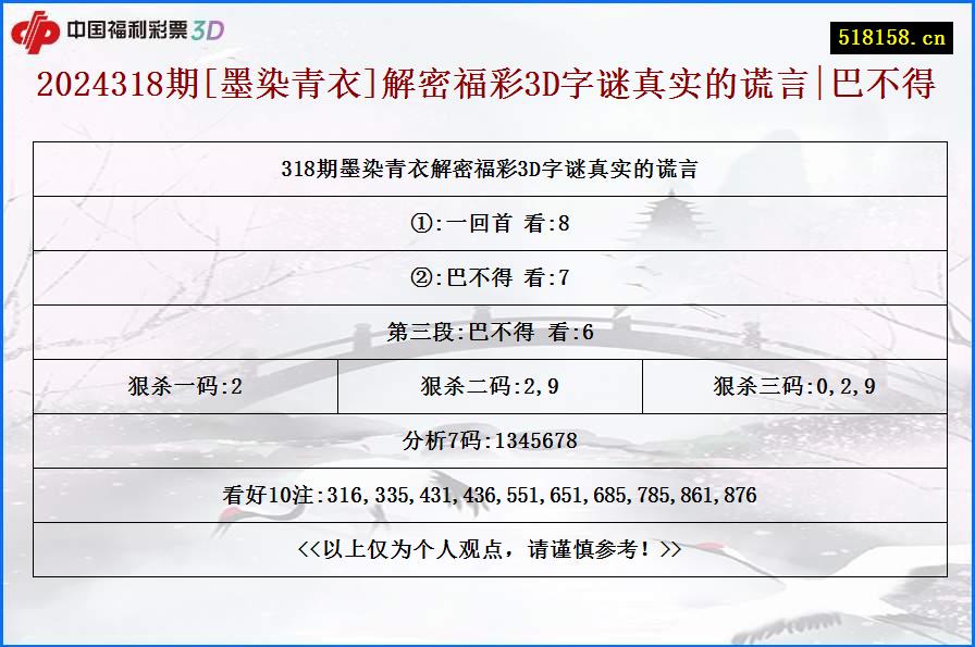 2024318期[墨染青衣]解密福彩3D字谜真实的谎言|巴不得