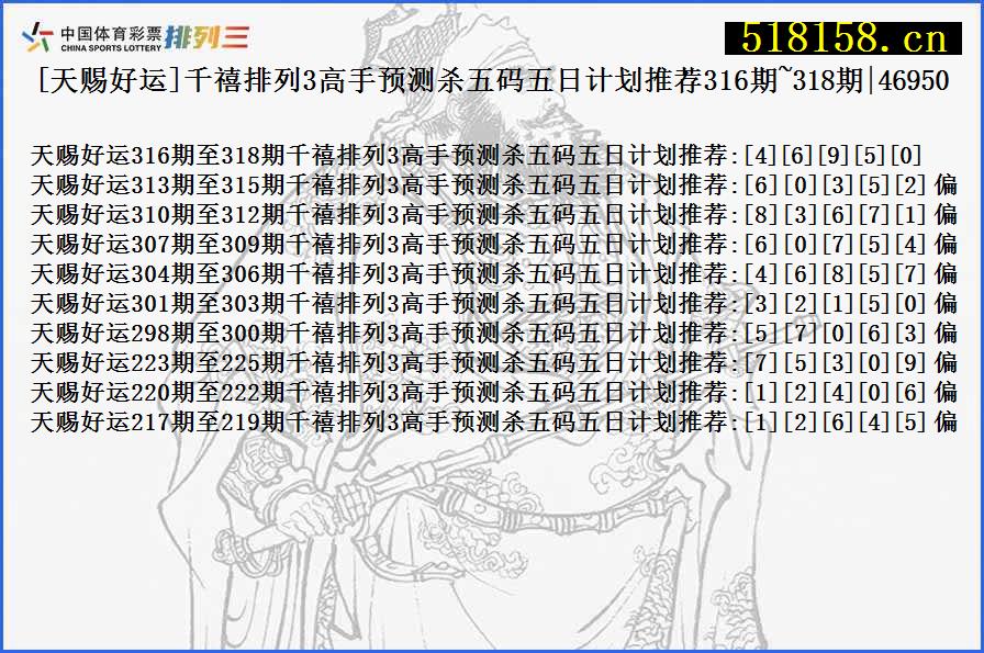 [天赐好运]千禧排列3高手预测杀五码五日计划推荐316期~318期|46950