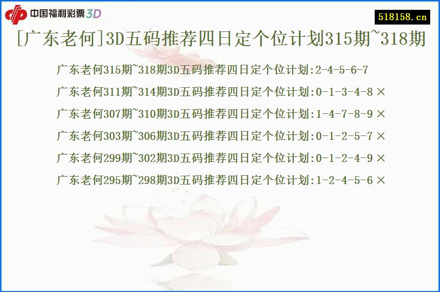 [广东老何]3D五码推荐四日定个位计划315期~318期