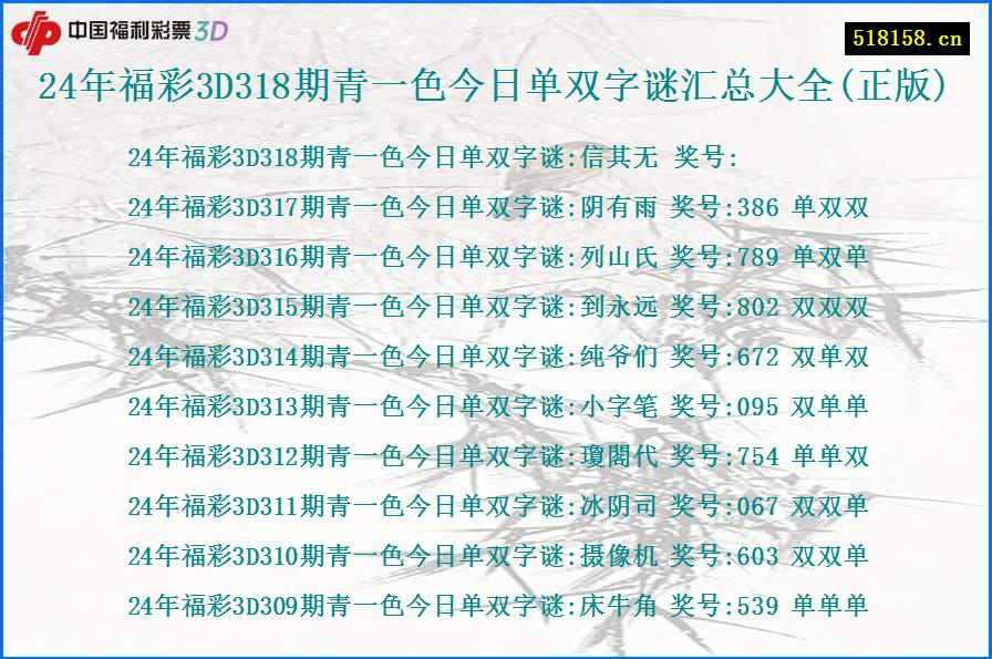 24年福彩3D318期青一色今日单双字谜汇总大全(正版)