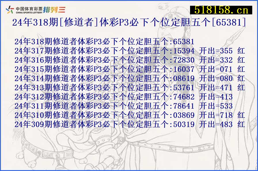 24年318期[修道者]体彩P3必下个位定胆五个[65381]