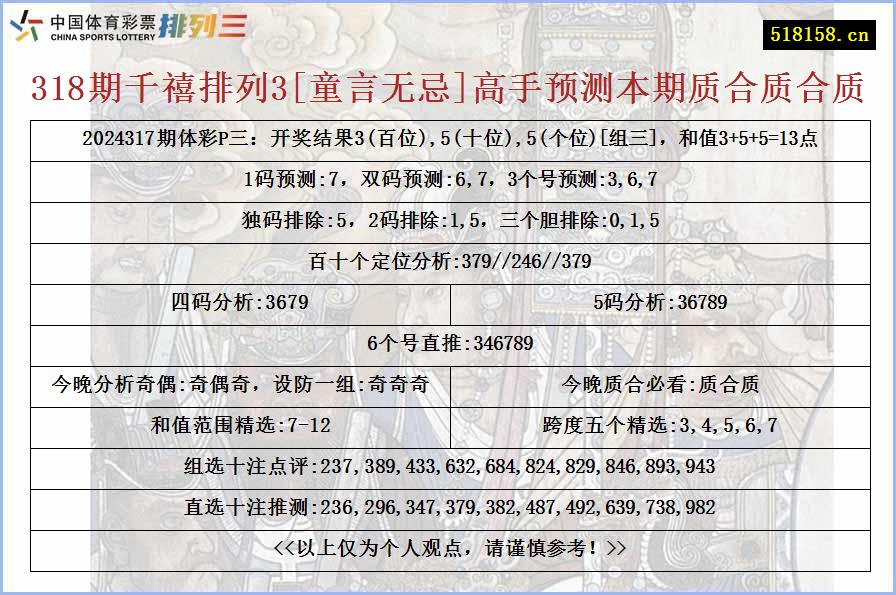 318期千禧排列3[童言无忌]高手预测本期质合质合质