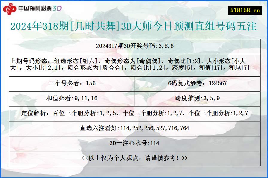 2024年318期[几时共舞]3D大师今日预测直组号码五注