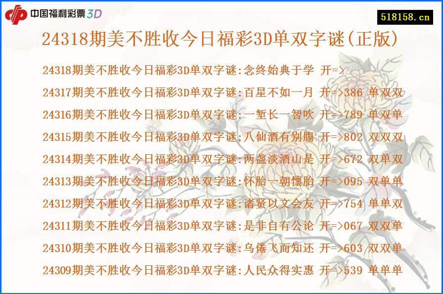 24318期美不胜收今日福彩3D单双字谜(正版)