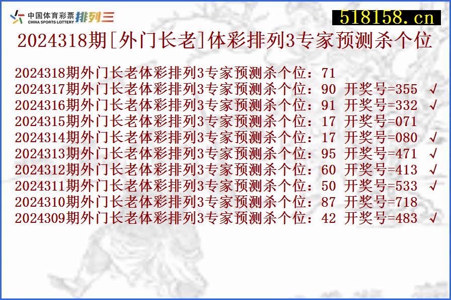 2024318期[外门长老]体彩排列3专家预测杀个位