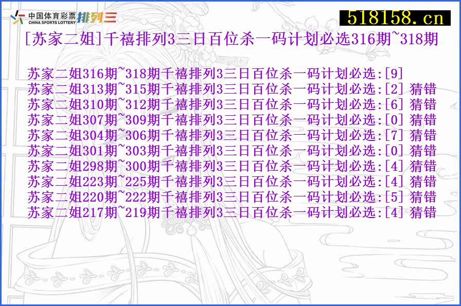 [苏家二姐]千禧排列3三日百位杀一码计划必选316期~318期