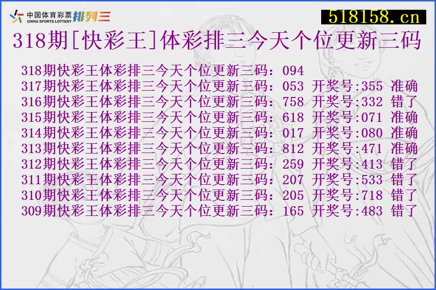 318期[快彩王]体彩排三今天个位更新三码