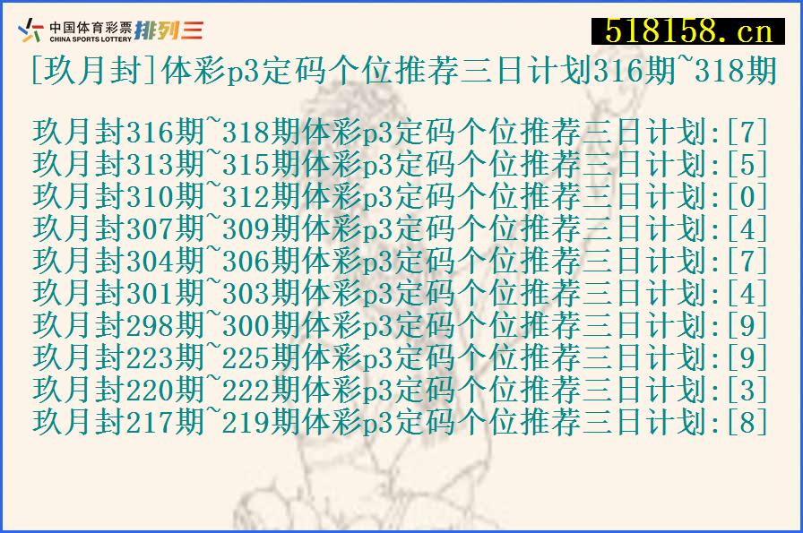 [玖月封]体彩p3定码个位推荐三日计划316期~318期