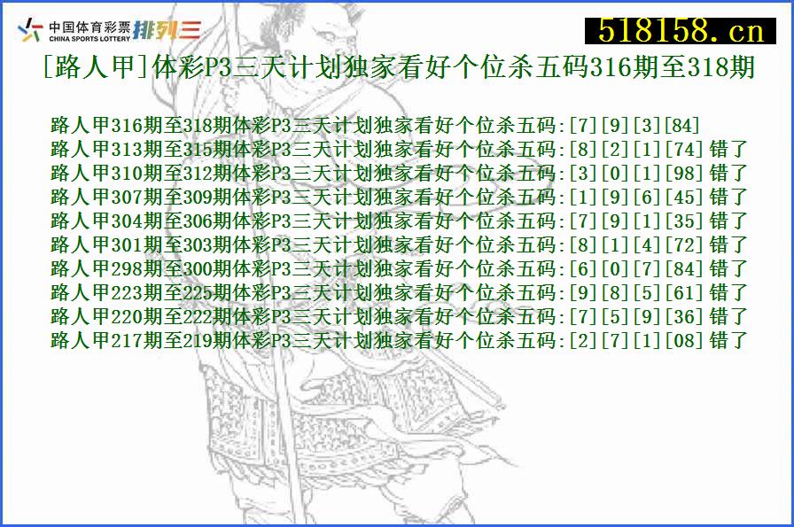 [路人甲]体彩P3三天计划独家看好个位杀五码316期至318期