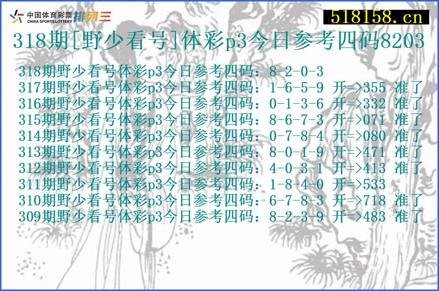 318期[野少看号]体彩p3今日参考四码8203