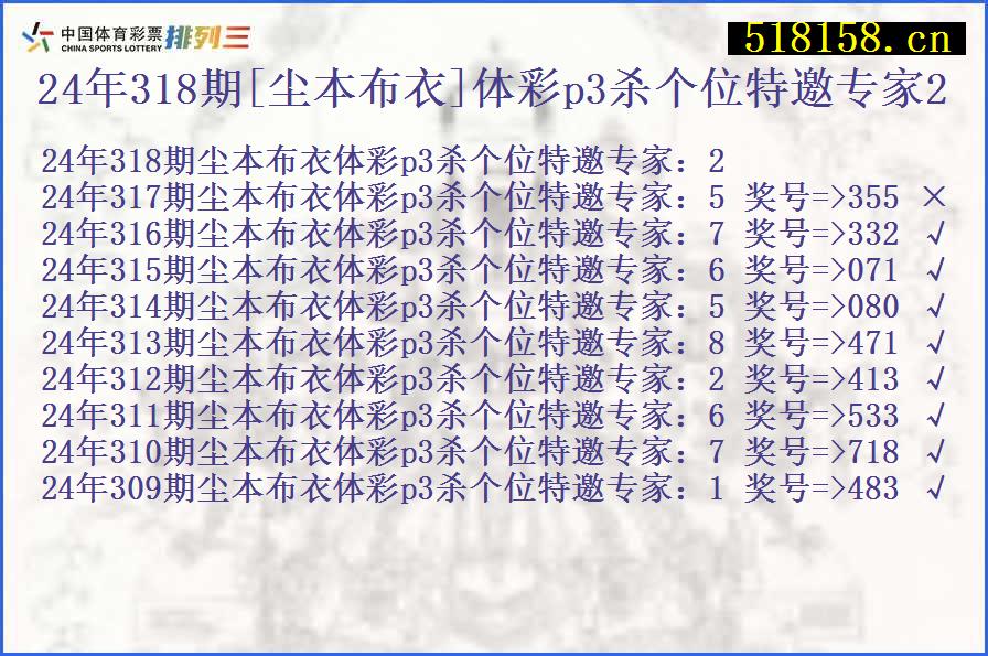 24年318期[尘本布衣]体彩p3杀个位特邀专家2