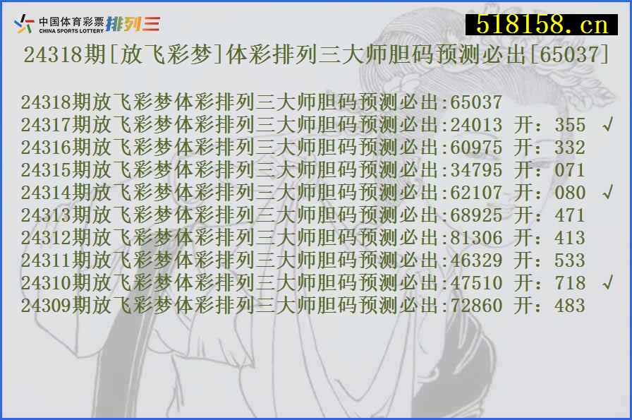 24318期[放飞彩梦]体彩排列三大师胆码预测必出[65037]