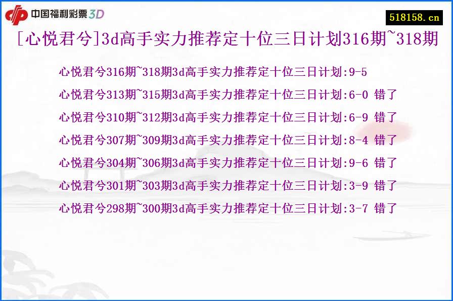 [心悦君兮]3d高手实力推荐定十位三日计划316期~318期