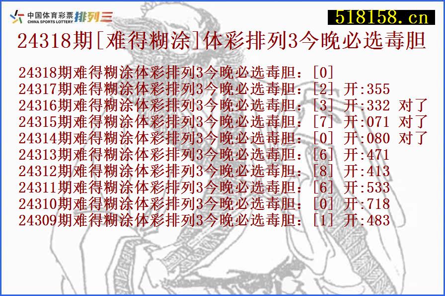 24318期[难得糊涂]体彩排列3今晚必选毒胆